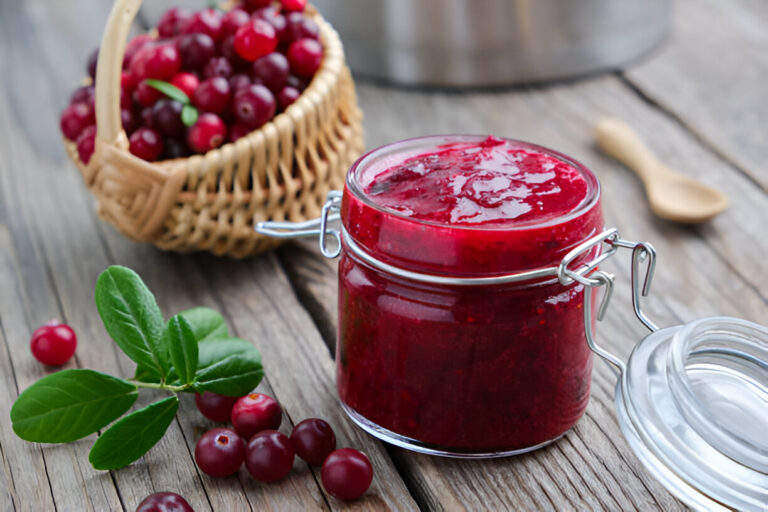 A jar of homemade cranberry jam next to a basket of fresh cranberries on a wooden table.