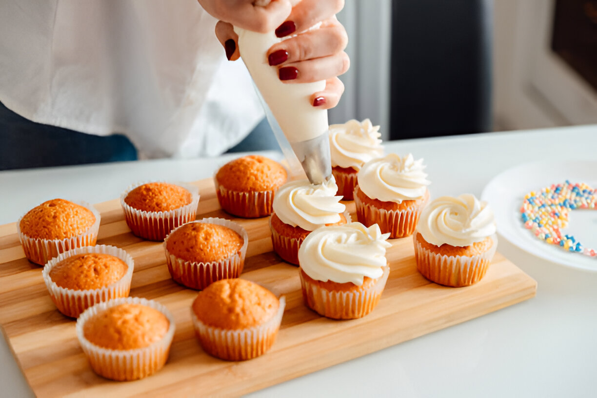 A person decorating freshly baked cupcakes with cream icing using a piping bag.