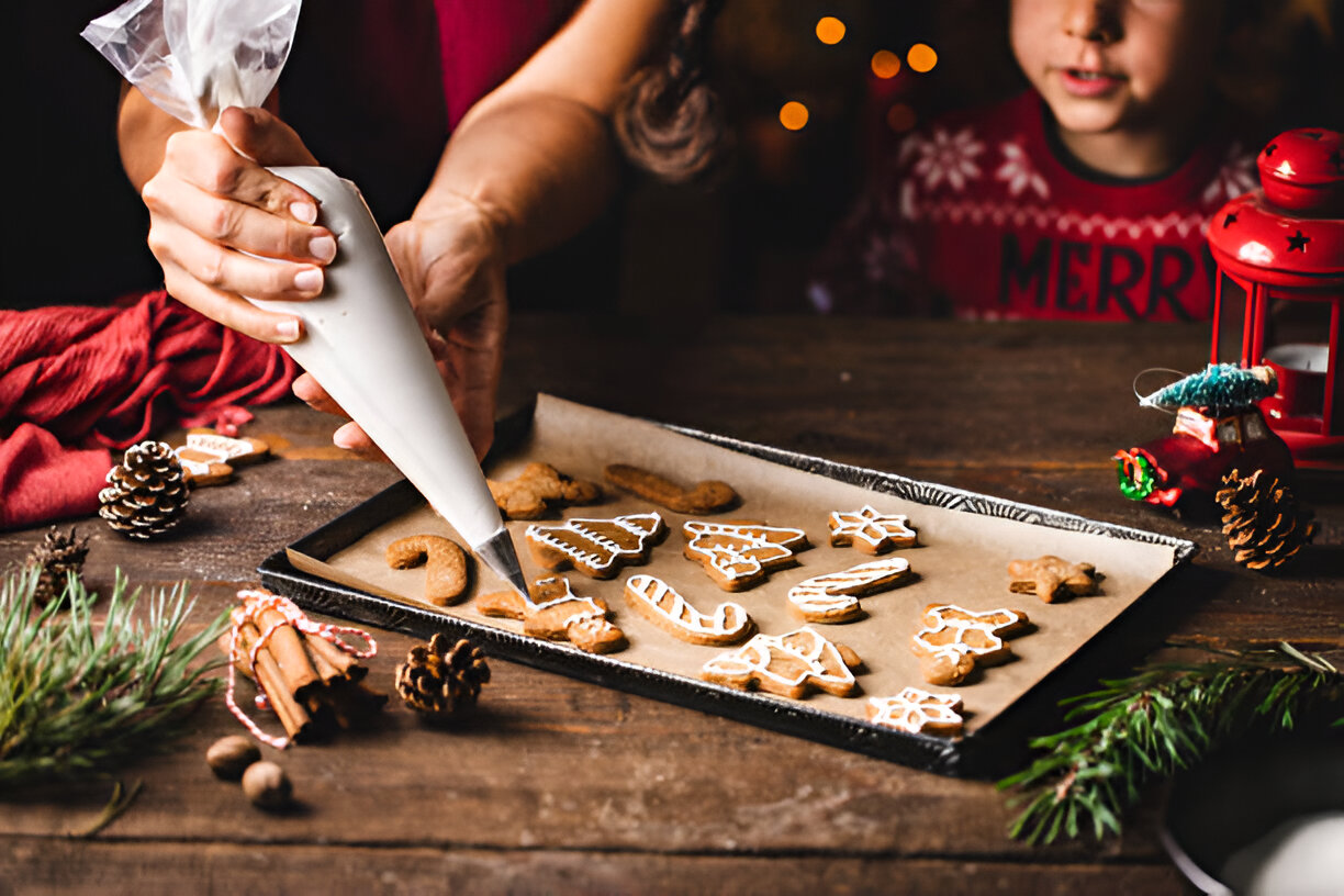 A person piping icing onto decorated gingerbread cookies on a baking tray, with a festive atmosphere in the background.