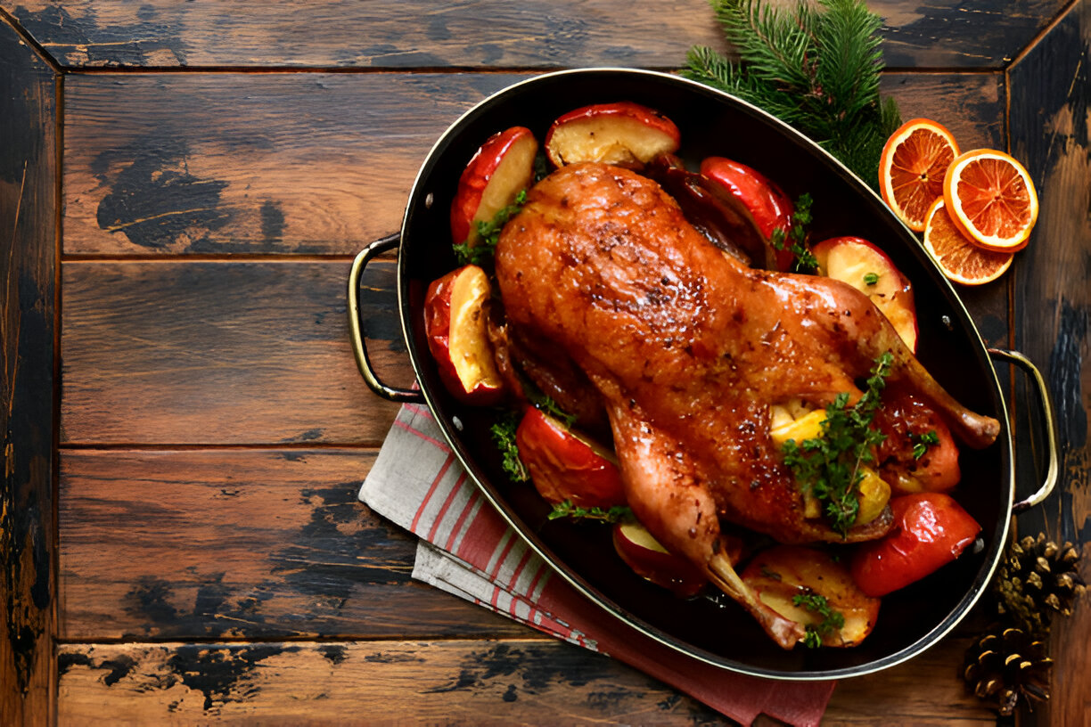 A golden brown roasted duck placed on a bed of sliced apples and garnished with herbs on a wooden table.
