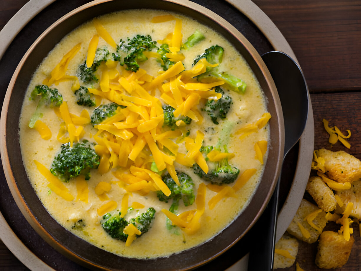 A bowl of creamy broccoli cheese soup topped with shredded cheddar cheese, served with croutons on the side.