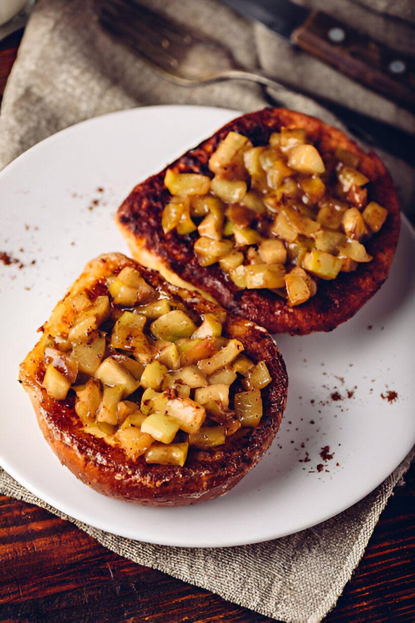 Two slices of bread topped with caramelized apple mixture on a white plate.