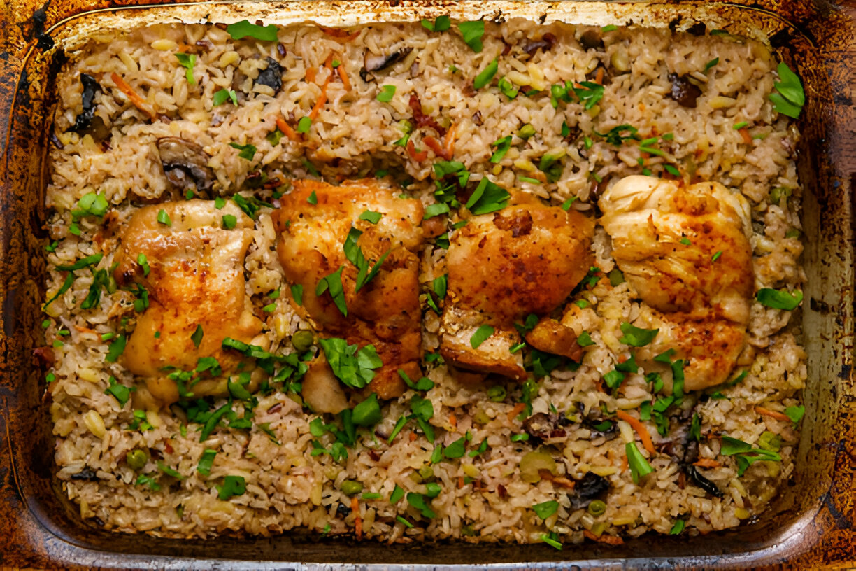 Baked chicken thighs resting on a bed of seasoned rice, garnished with chopped herbs.