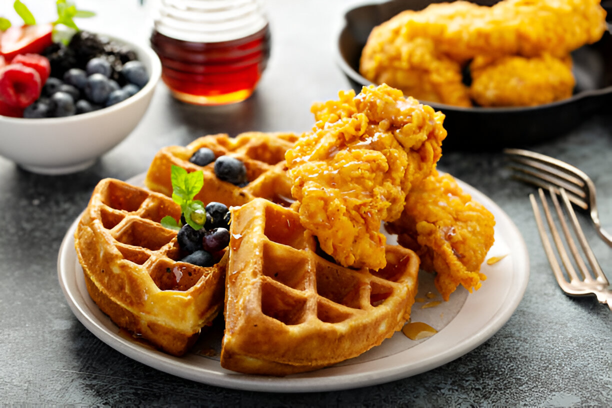 A plate of golden waffles with crispy fried chicken, drizzled with syrup and garnished with blueberries and mint leaves.