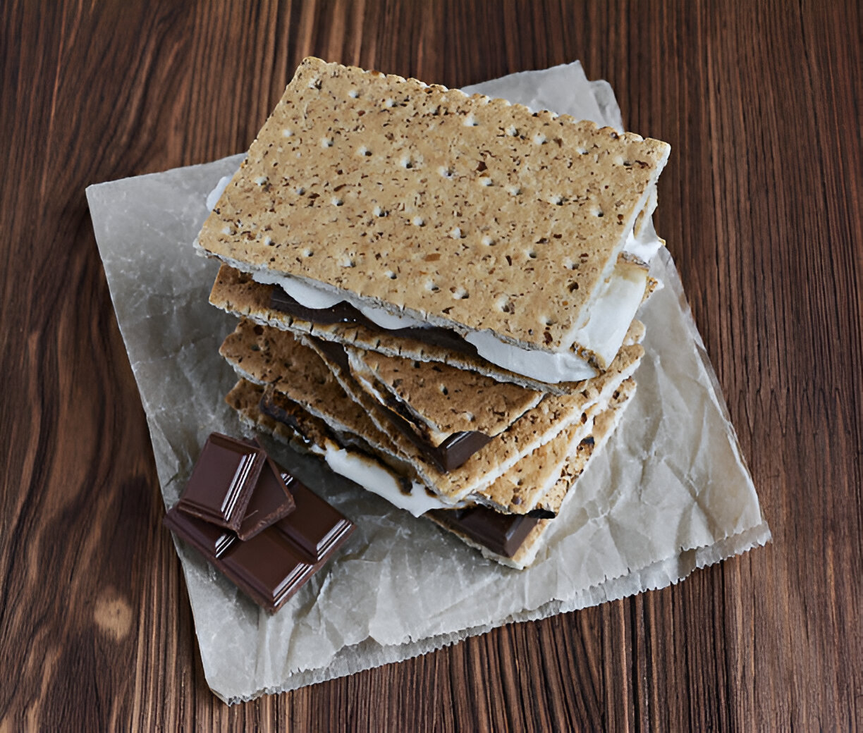 A stack of graham crackers filled with marshmallow and chocolate, resting on parchment paper atop a wooden surface.