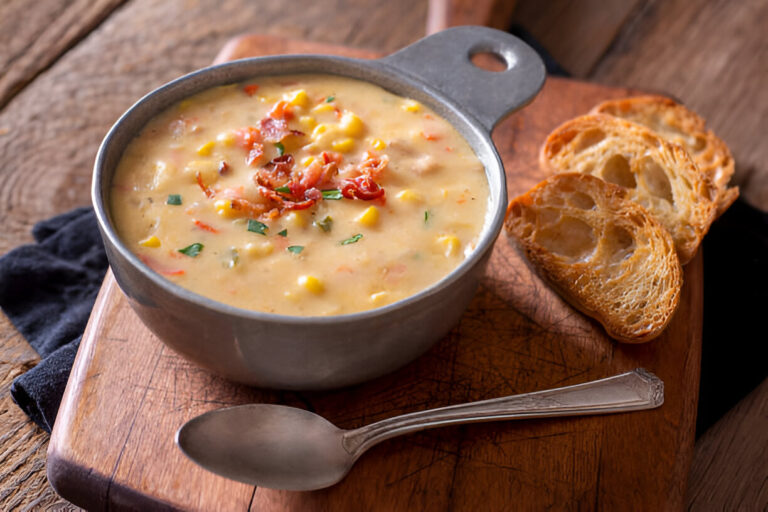 A bowl of creamy corn soup with bacon bits, garnished with herbs, served alongside toasted bread slices.