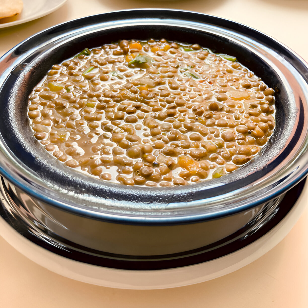 A close-up view of a bowl of lentils in a savory broth, garnished with herbs and vegetables.