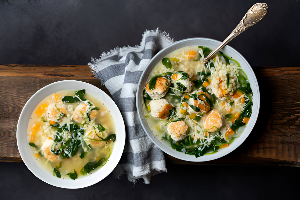 Two bowls of soup with dumplings, vegetables, and herbs on a wooden table with a striped cloth.