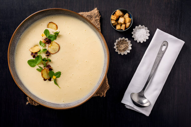 A bowl of creamy soup garnished with herbs and crispy potato slices, served with seasonings and a silver ladle on a white napkin.