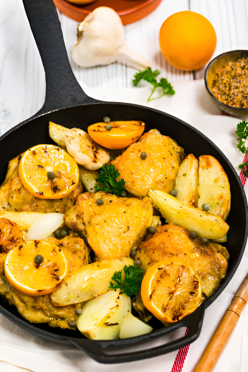 Pan-fried chicken thighs with citrus slices and herbs in a cast-iron skillet