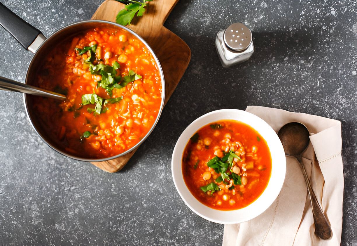 A pot of vibrant orange soup garnished with fresh herbs, alongside a bowl of the same soup and a silver spoon.