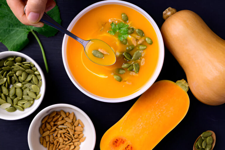 A bowl of creamy butternut squash soup topped with pumpkin seeds and fresh herbs, accompanied by raw split butternut squash and assorted seeds on a dark background.
