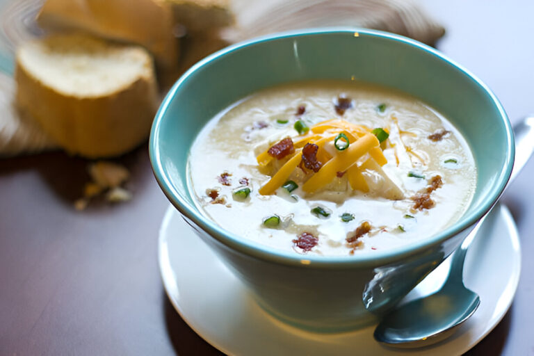 A bowl of creamy soup topped with cheese, bacon, and green onions, served with a slice of bread in the background.