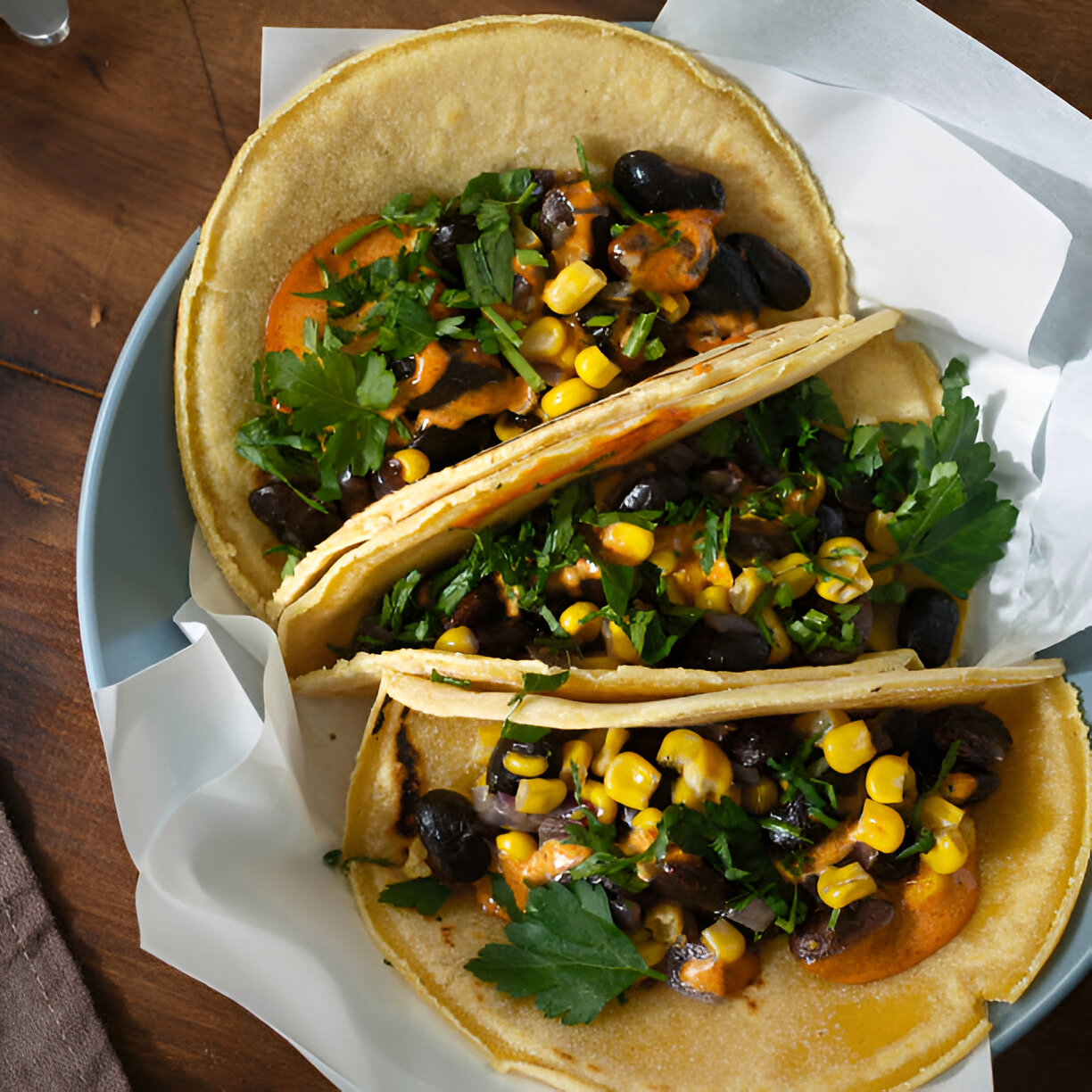 Three corn tortillas filled with black beans, corn, and fresh cilantro on a blue plate.