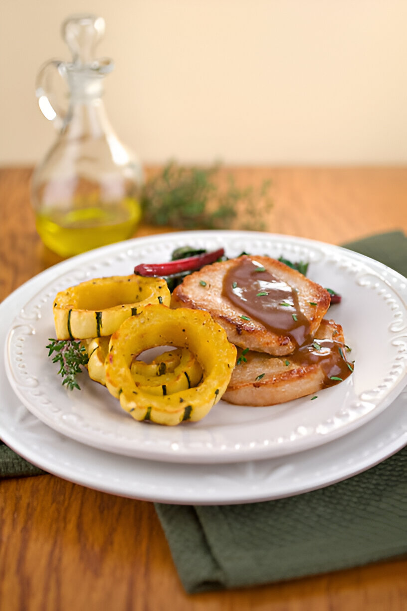 A plate of sautéed pork chops accompanied by yellow squash rings and a rich brown gravy, garnished with fresh herbs.