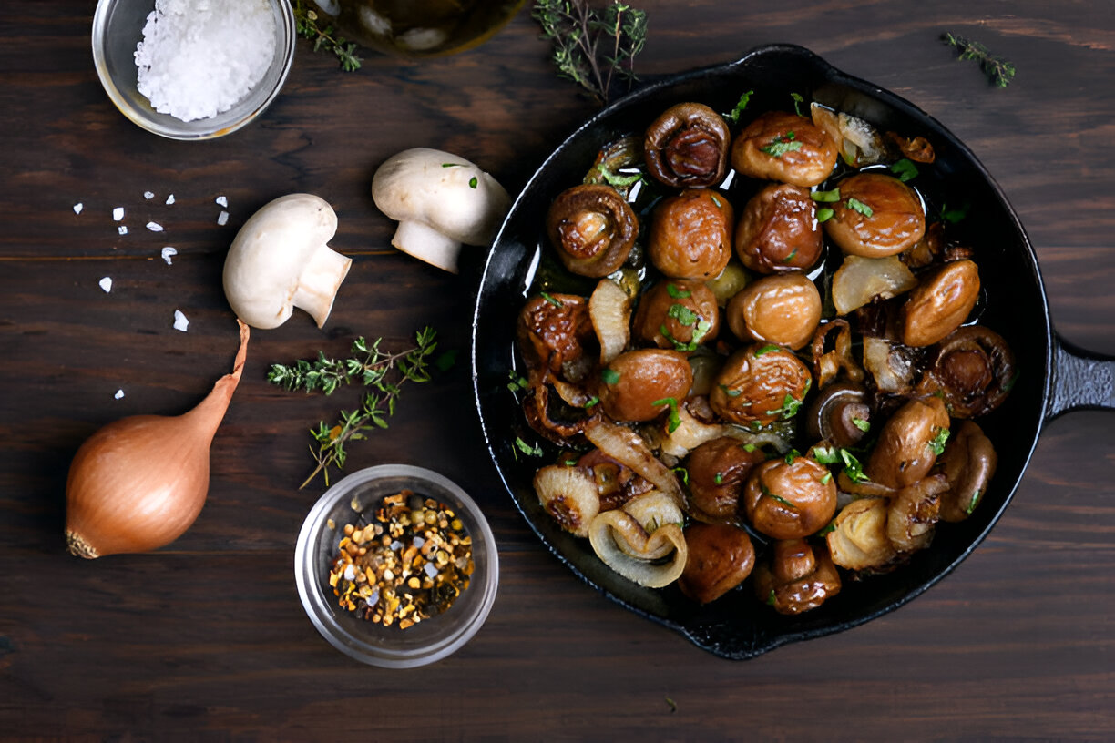 A skillet filled with sautéed mushrooms and onions on a wooden table, with fresh herbs and cooking ingredients nearby.