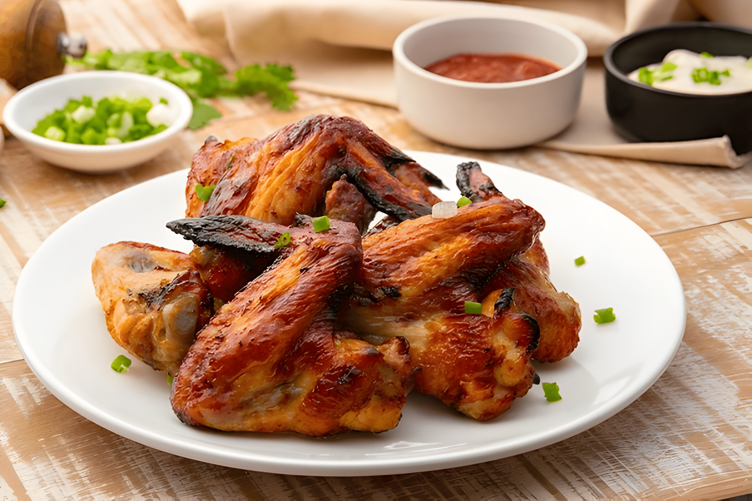 Grilled chicken wings garnished with green onions on a white plate, accompanied by dipping sauces.