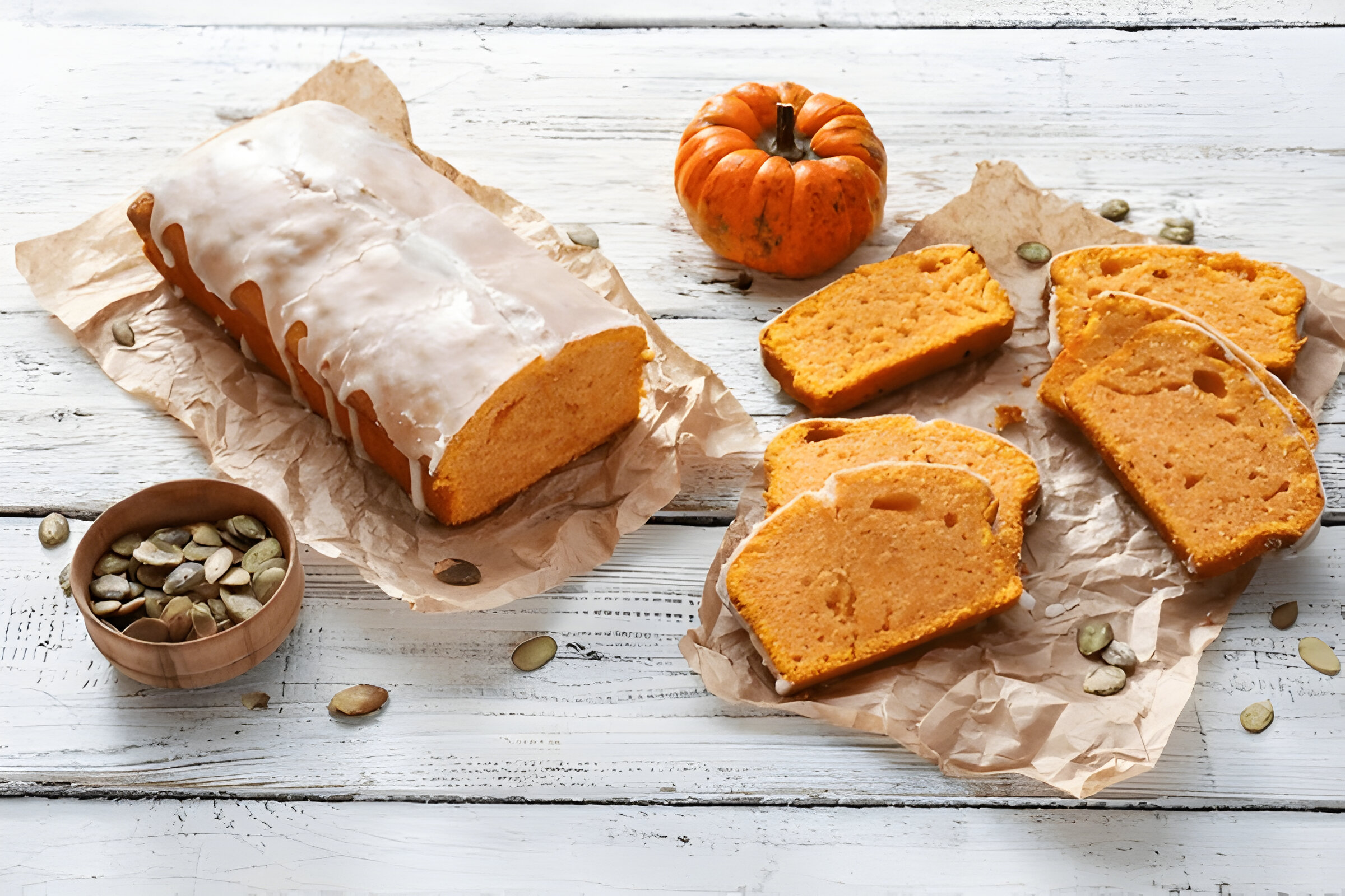 A loaf of pumpkin bread with a glossy glaze, sliced pieces next to it, a small bowl of pumpkin seeds, and a decorative pumpkin on a rustic wooden surface.