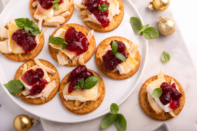 Delicious crackers topped with turkey, cheese, and cranberry sauce garnished with fresh basil leaves on a white plate.