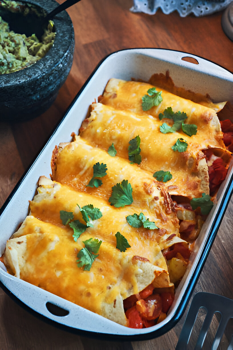 A tray of cheesy enchiladas topped with cilantro, sitting next to a bowl of guacamole.