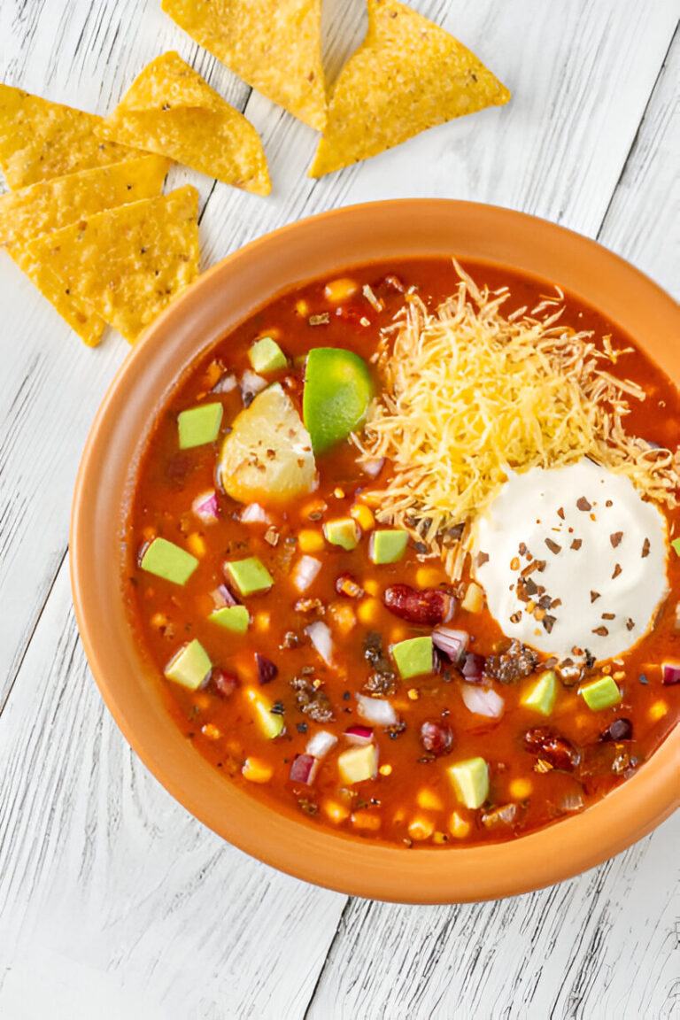 A vibrant bowl of chili topped with cheese, sour cream, diced avocado, and lime, accompanied by tortilla chips.