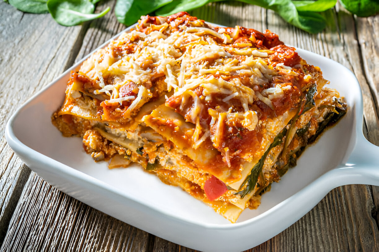 A hearty portion of lasagna served on a white dish with melted cheese and tomato sauce on top.