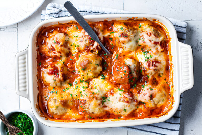 Baked meatballs covered in cheese and sauce in a casserole dish with a serving spoon and a side of chopped herbs.
