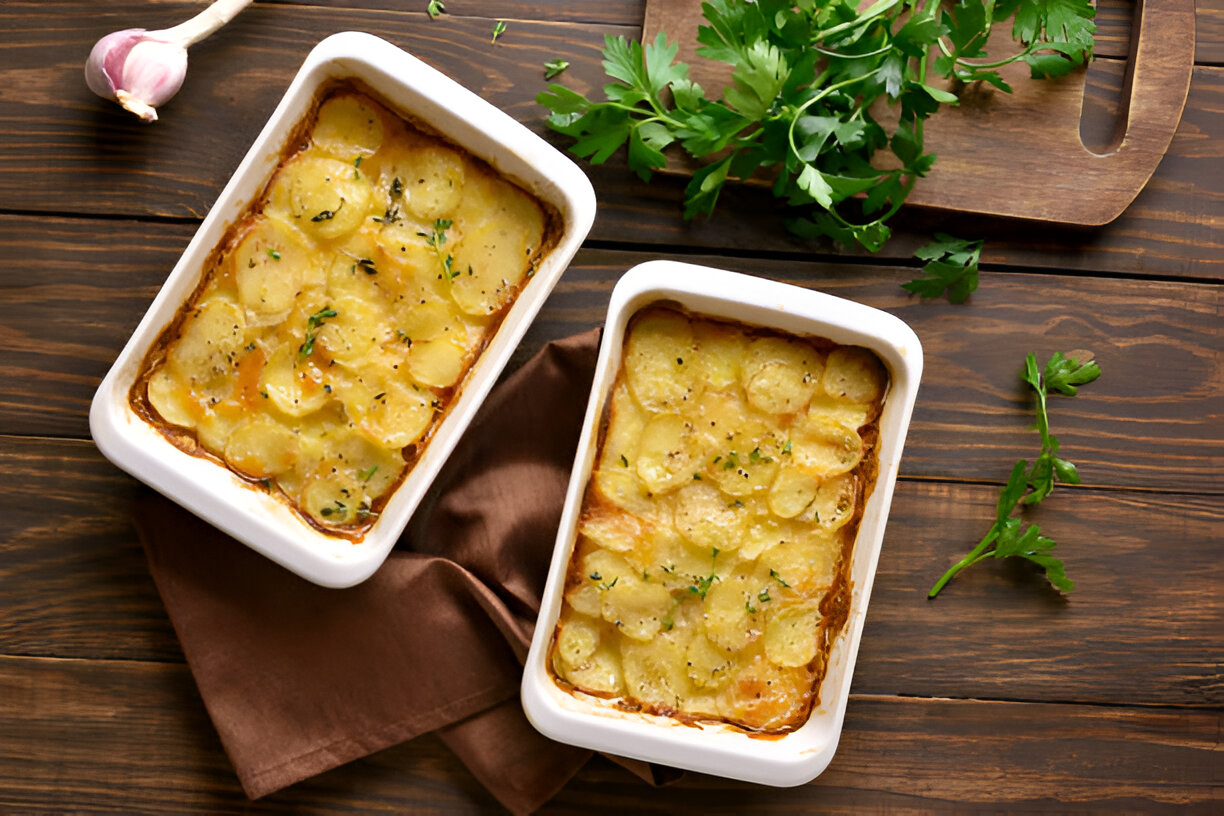 Two dishes of baked potato gratin on a wooden table, garnished with parsley and garlic