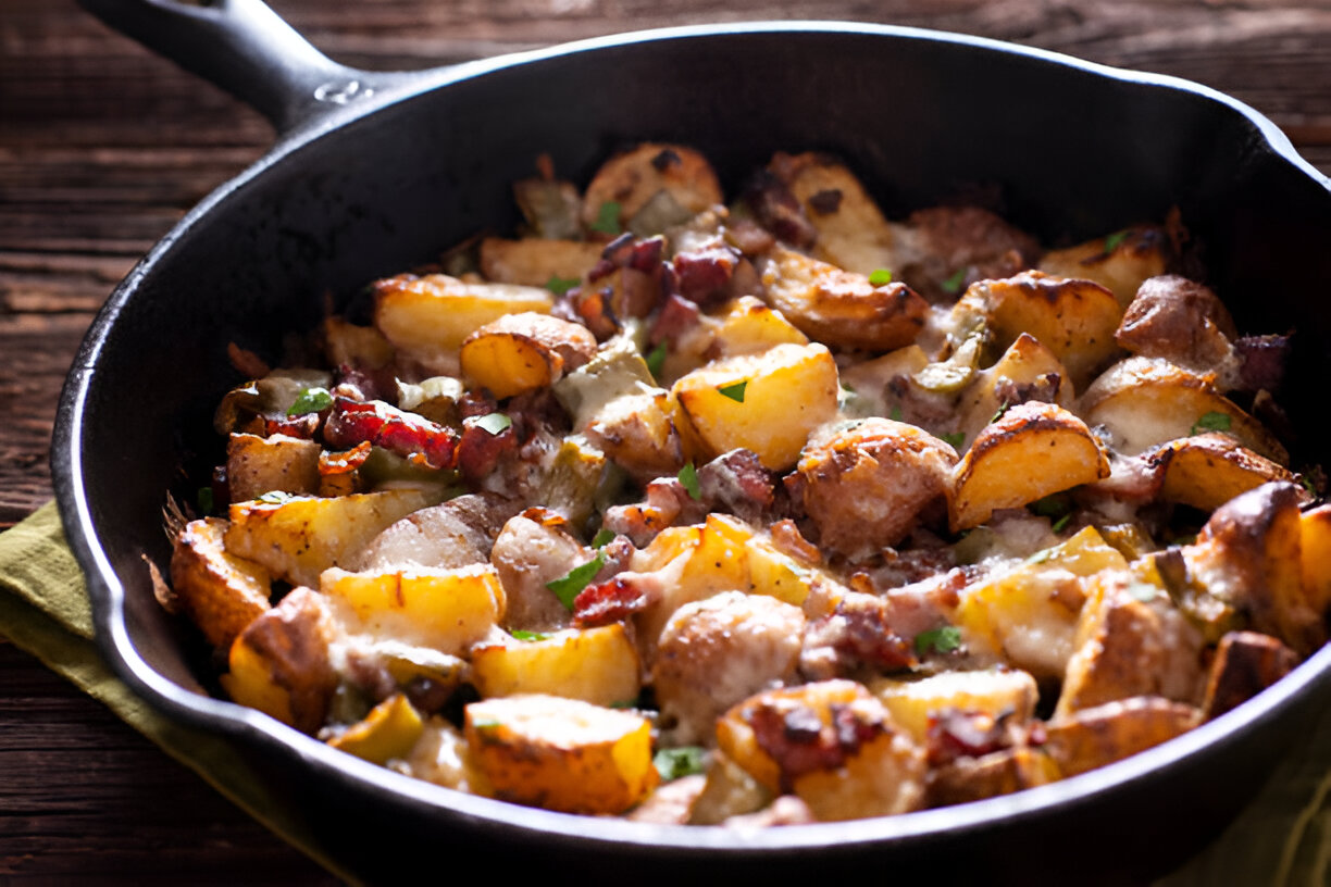 A cast iron skillet filled with golden roasted potatoes, bits of bacon, and melted cheese, garnished with fresh herbs.