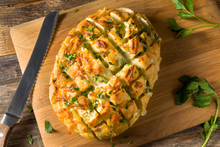 A freshly baked, cheesy bread loaf topped with herbs, placed on a wooden cutting board next to a knife.
