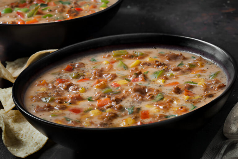 A bowl of hearty soup filled with vegetables and meat, accompanied by tortilla chips.