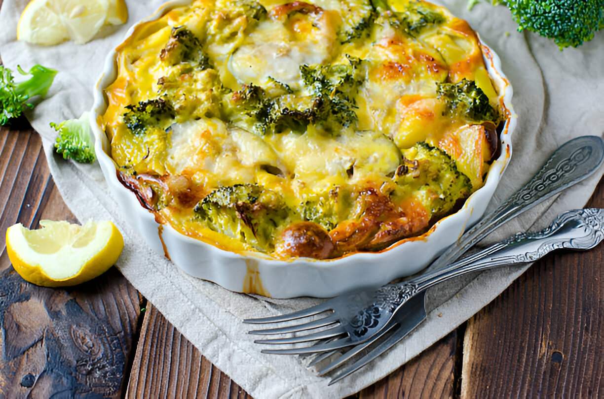 A creamy cheese and broccoli casserole in a white dish on a wooden table.