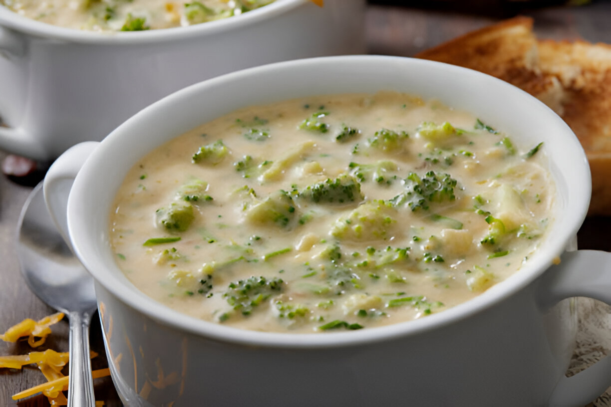 A close-up view of a creamy broccoli soup in a white bowl with a spoon beside it.