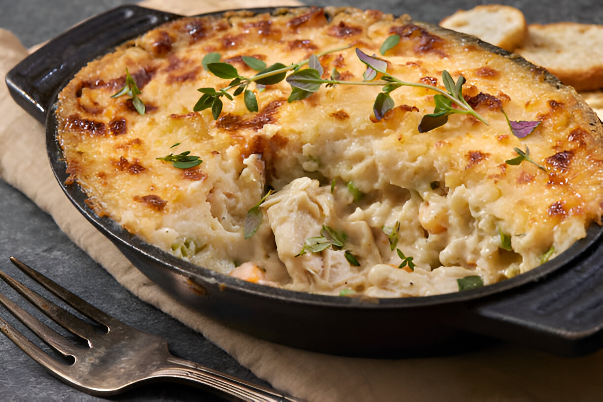 A deliciously golden-brown chicken casserole with herbs, served in a black dish, next to crisp bread slices.