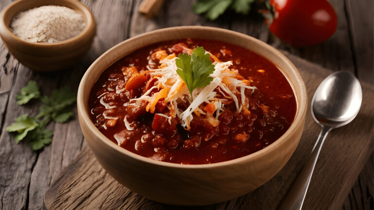A hearty bowl of chili topped with shredded cheese and cilantro, served with a spoon and spices in the background.