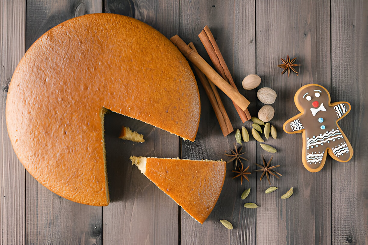 A round cake with a slice removed, accompanied by cinnamon sticks, spices, and a gingerbread cookie on a wooden table.