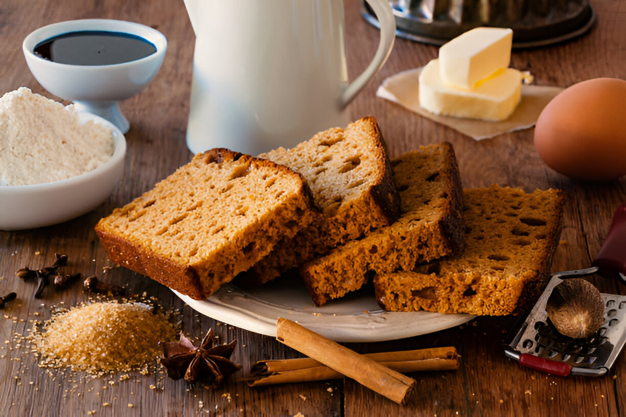 Sliced gingerbread on a plate with baking ingredients in the background.