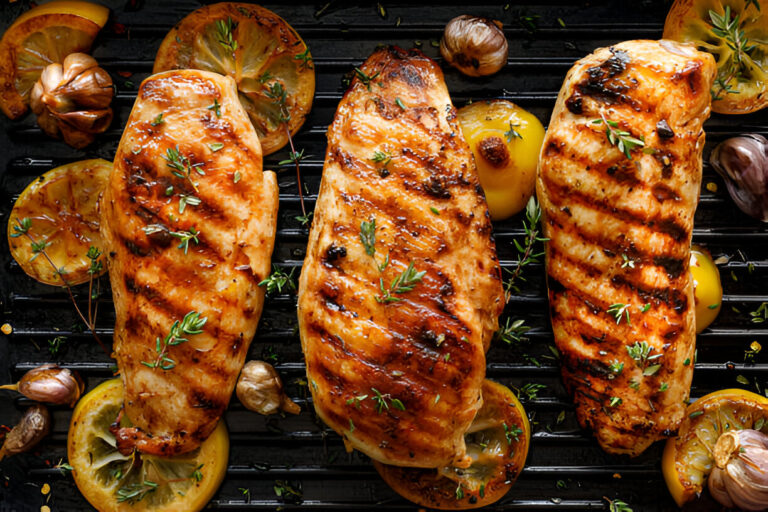 Grilled chicken breasts with caramelized lemons and herbs on a grill.