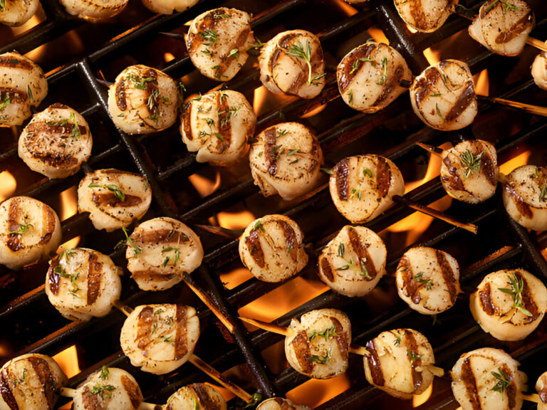 Grilled scallops skewered on sticks, garnished with herbs and placed on a BBQ grill over flames.