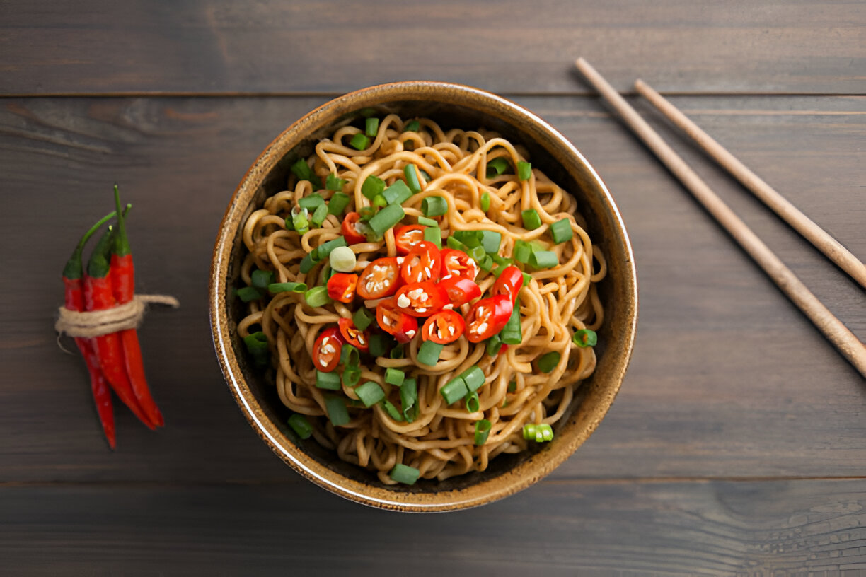 Bowl of stir-fried noodles topped with sliced red chili and chopped green onions on a wooden table.