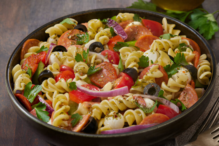 A colorful bowl of pasta salad with various toppings including pepperoni, olives, fresh herbs, and vegetables.