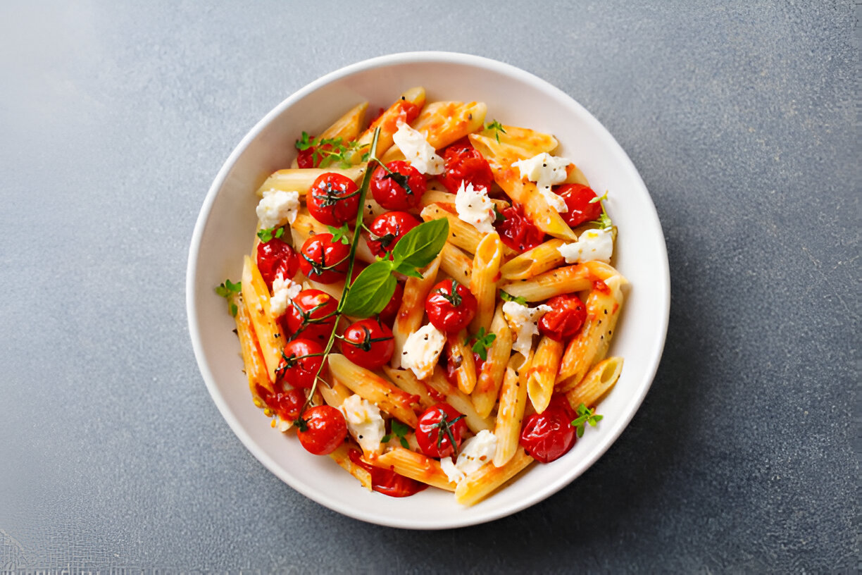 A white bowl filled with penne pasta, cherry tomatoes, and mozzarella cheese garnished with fresh basil leaves.