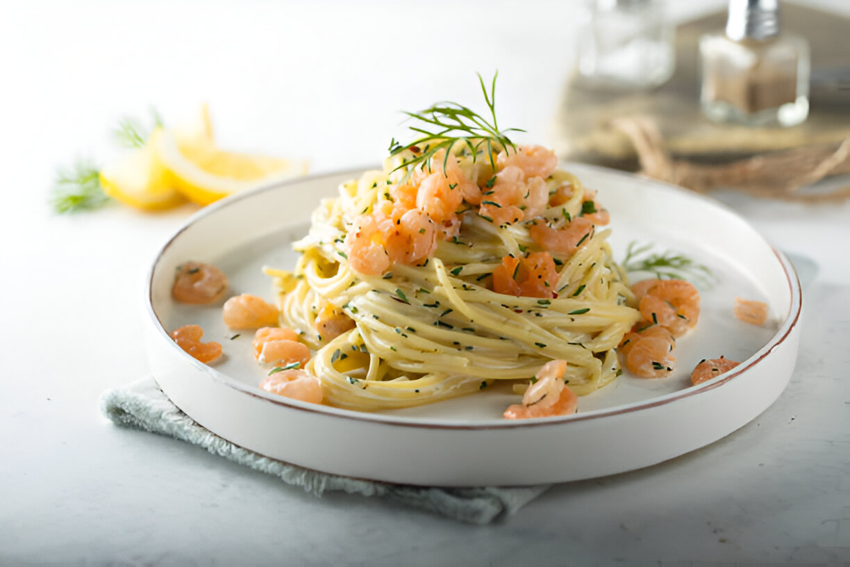 A plate of pasta with shrimp garnished with green herbs and lemon slices in the background.