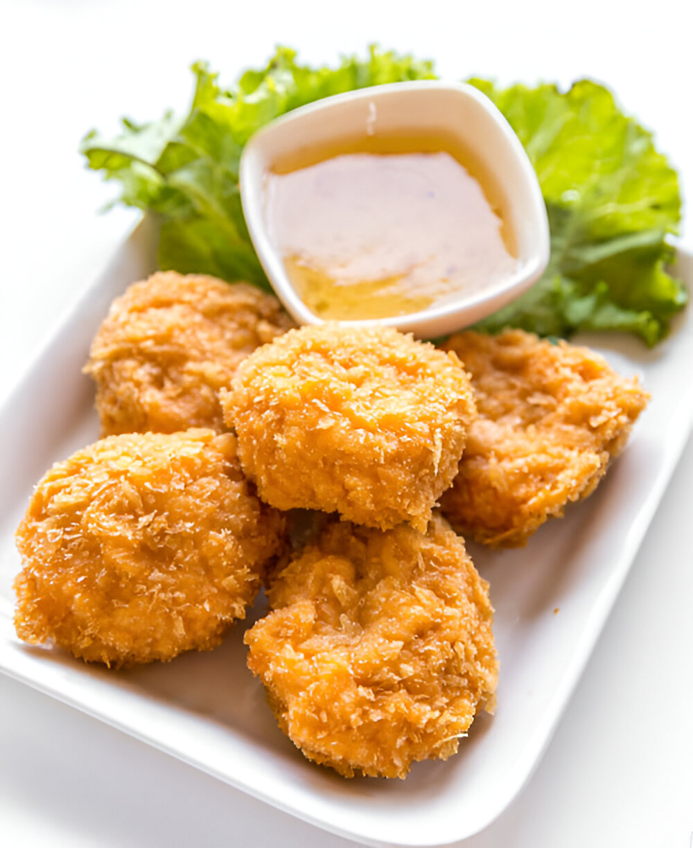 A plate of crispy fried chicken nuggets served with a small bowl of dipping sauce and fresh lettuce leaves.