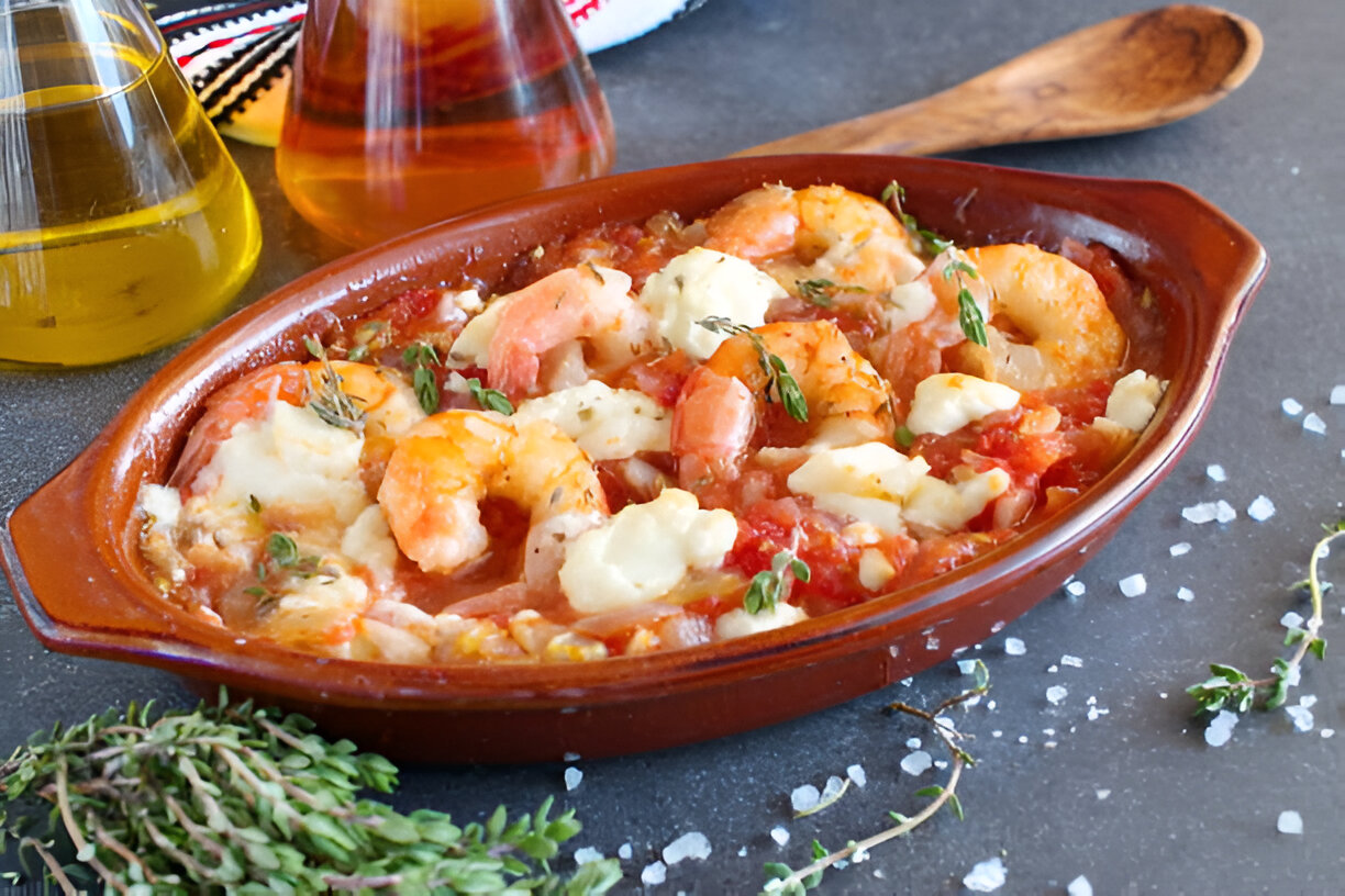 A dish of shrimp baked with cheese and herbs in a clay pot, surrounded by olive oil bottles and fresh thyme on a dark surface.