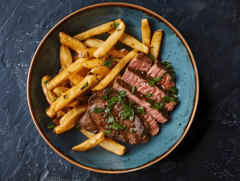 A plate of perfectly grilled steak sliced and served with golden French fries, garnished with fresh herbs.