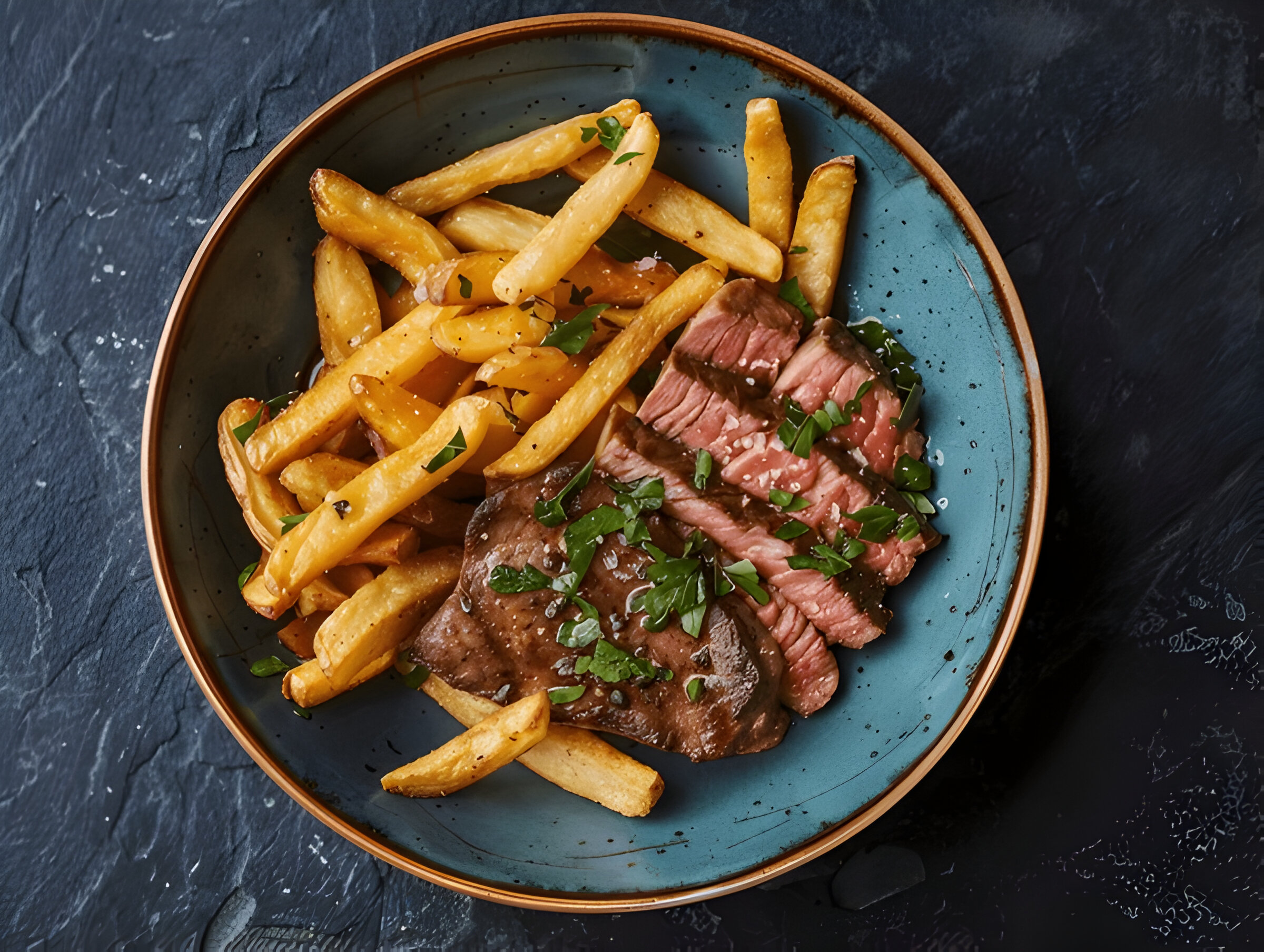 A plate of perfectly grilled steak sliced and served with golden French fries, garnished with fresh herbs.