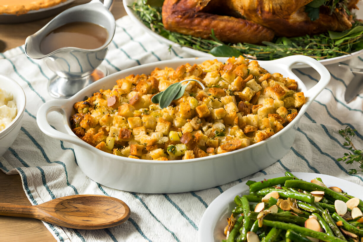 A delicious serving of stuffing in a white dish, alongside turkey, green beans, and gravy.