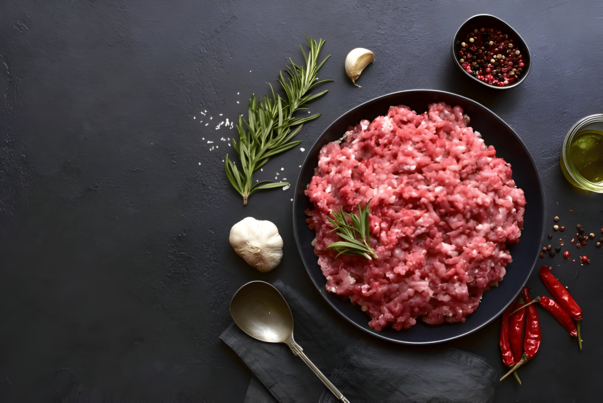 A plate of minced meat accompanied by garlic, rosemary, various spices, and olive oil on a dark surface.