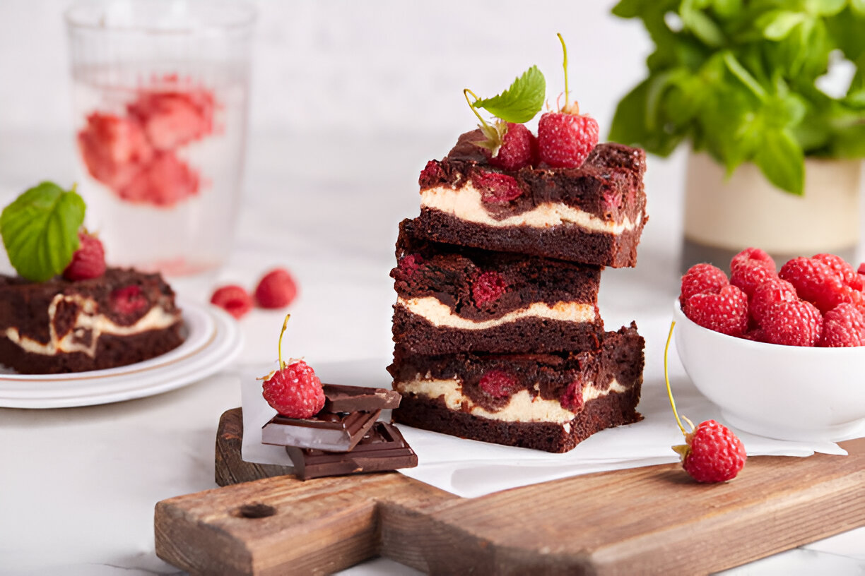 Delicious raspberry cheesecake brownies stacked on a wooden board with fresh raspberries and chocolate.